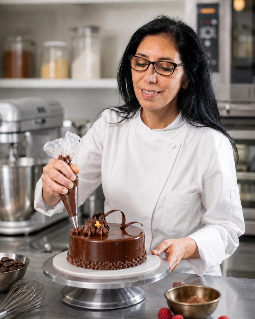 Docente durante la decorazione di una torta al cioccolato